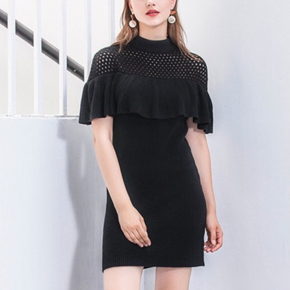 Self Portrait Dress Yoke Frill Knit Sweater Size Large Wool Black Cut Out